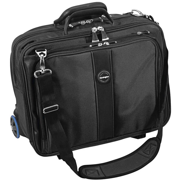 A black Kensington laptop bag with wheels and a handle.
