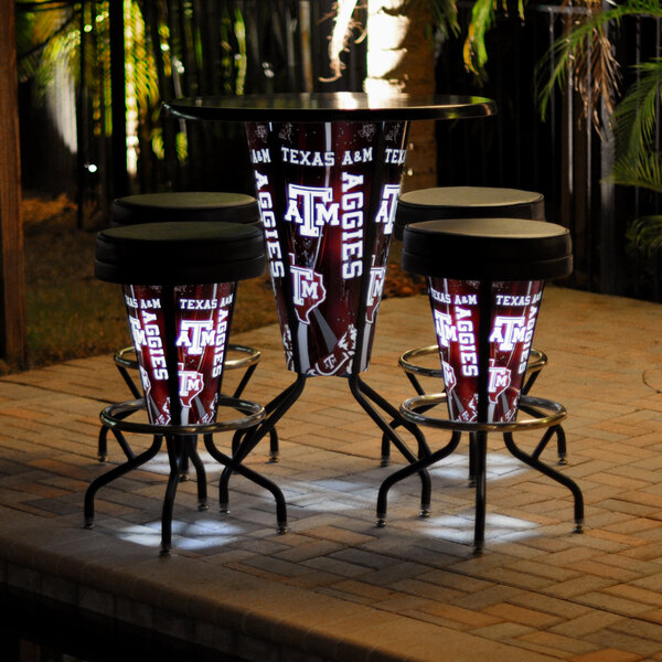 A Holland Bar Table with Texas A&M Logo and LED Lights with Texas A&M Logo Stools.
