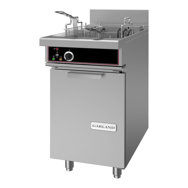 A commercial stainless steel electric floor fryer with control panel and fryer baskets.