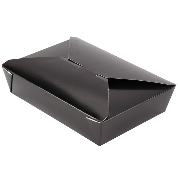 A black Fold-Pak Bio-Pak take-out box with a lid.