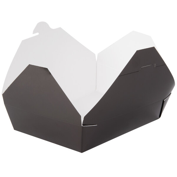 A black and white Fold-Pak Bio-Pak take-out box with a lid.