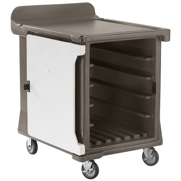 A granite sand plastic Cambro meal delivery cart with white doors.