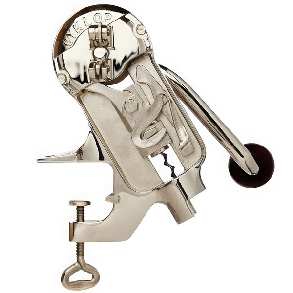 A Franmara nickel-plated counter mount wine bottle opener with a red handle.