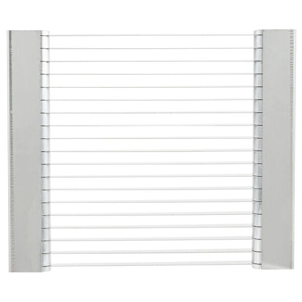 A white metal frame with metal rods holding a white metal blade.