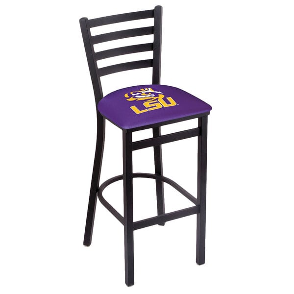 A black steel bar height chair with a Louisiana State University logo on the padded seat and ladder back.
