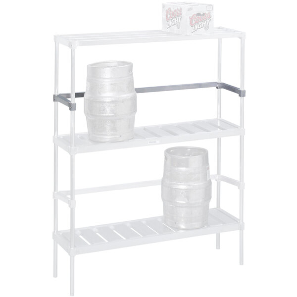 A white metal Channel rear keg rack shelf with kegs on top.