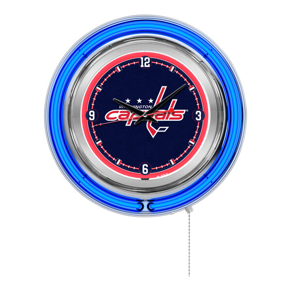 A round wall clock featuring the Washington Capitals logo with a blue neon light border.