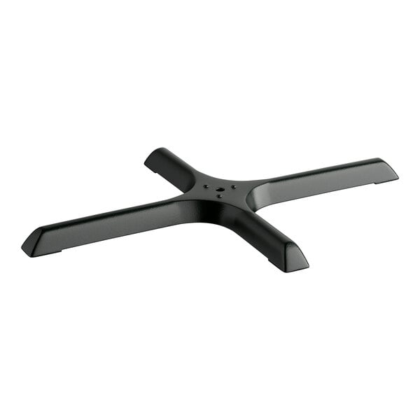 A black metal Lancaster Table & Seating cross table base plate with four screws.