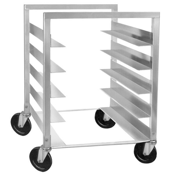 a metal cart with black wheels