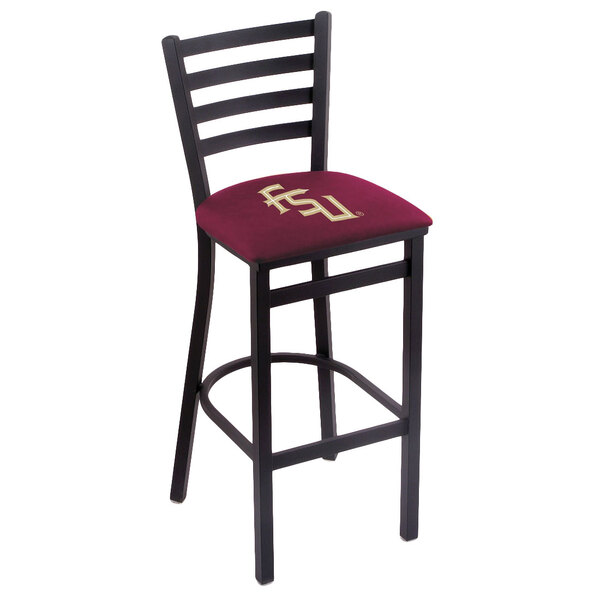 A black steel bar chair with Florida State University logo on the cushion and ladder back.