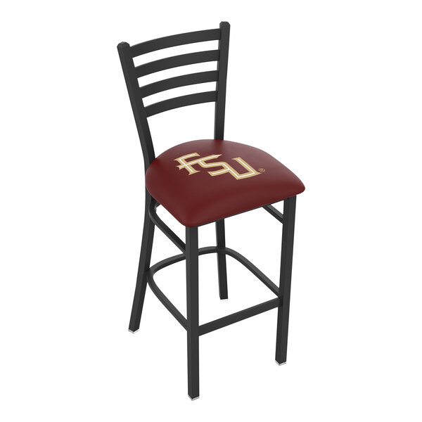 A black steel bar height chair with a ladder back and a padded seat featuring the Florida State University logo.