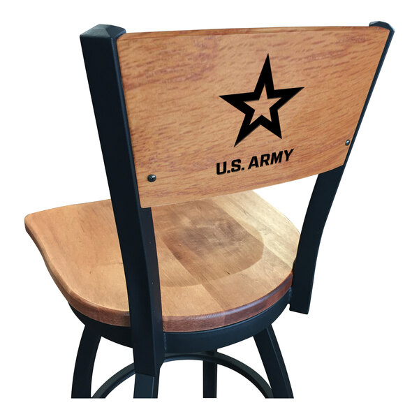A black steel bar stool with a maple wood back and seat and the United States Army logo laser engraved on it.