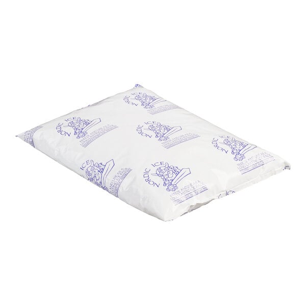 A rectangular Nordic Ice gel cold pack in a white plastic pouch with blue text and graphics.