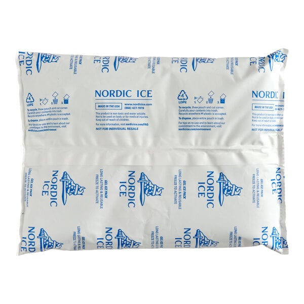 A rectangular Nordic Ice gel cold pack with blue text and graphics on a white background.