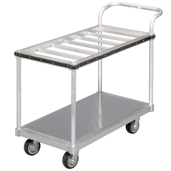 A silver aluminum Channel utility cart with black wheels.