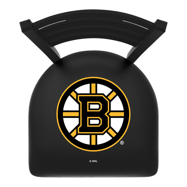 A black steel bar height chair with a ladder back, padded seat, and the Boston Bruins logo on the seat.