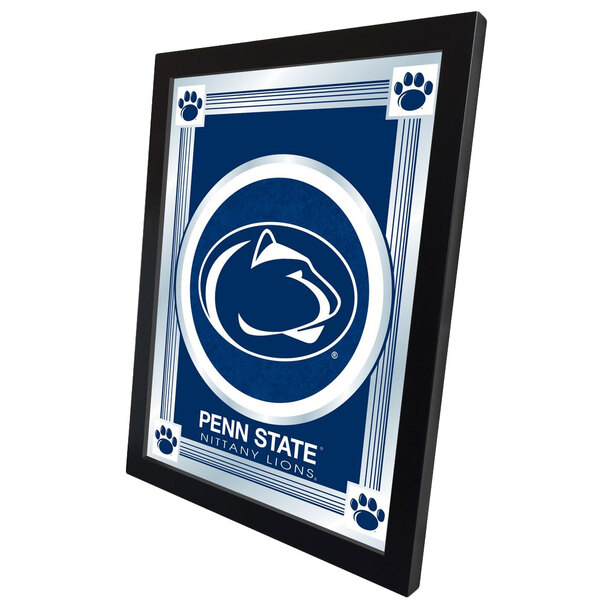 A close-up of a blue and white Penn State University logo on a mirror.