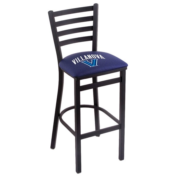 A black steel bar height chair with a Villanova logo on the padded seat and ladder back.
