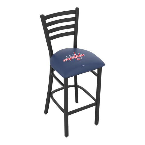 A black steel bar height chair with a ladder back and a padded seat featuring the Washington Capitals logo.