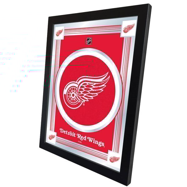 A red and silver framed mirror with a white Detroit Red Wings logo in the center.