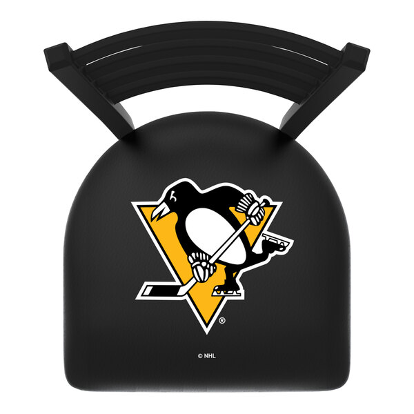 A black steel bar height chair with a ladder back and padded seat featuring the Pittsburgh Penguins logo.