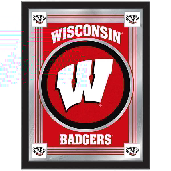 A red and silver framed mirror with a white University of Wisconsin logo.