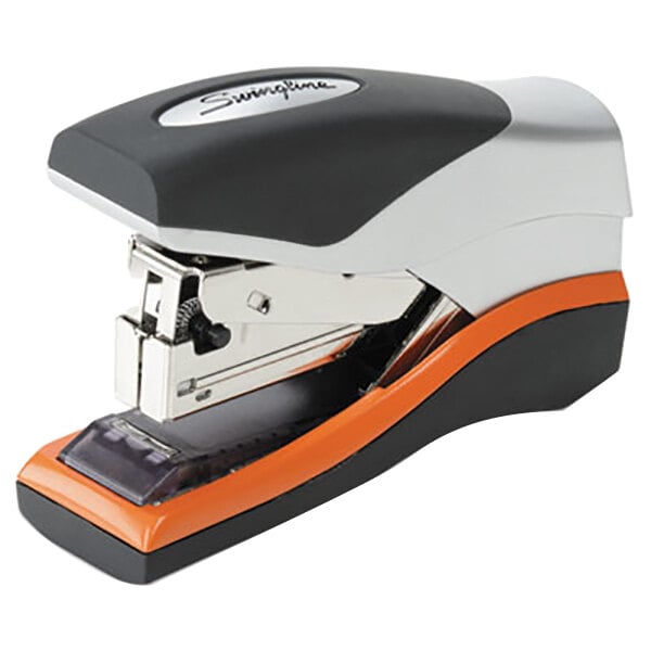 A black and orange Swingline Optima stapler.