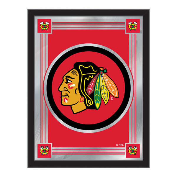 A white framed mirror with the Chicago Blackhawks logo.