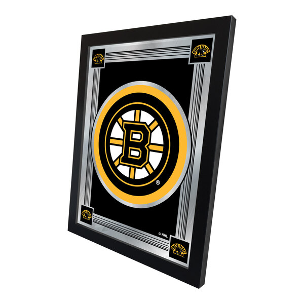A framed decorative mirror featuring the Boston Bruins logo and team colors.