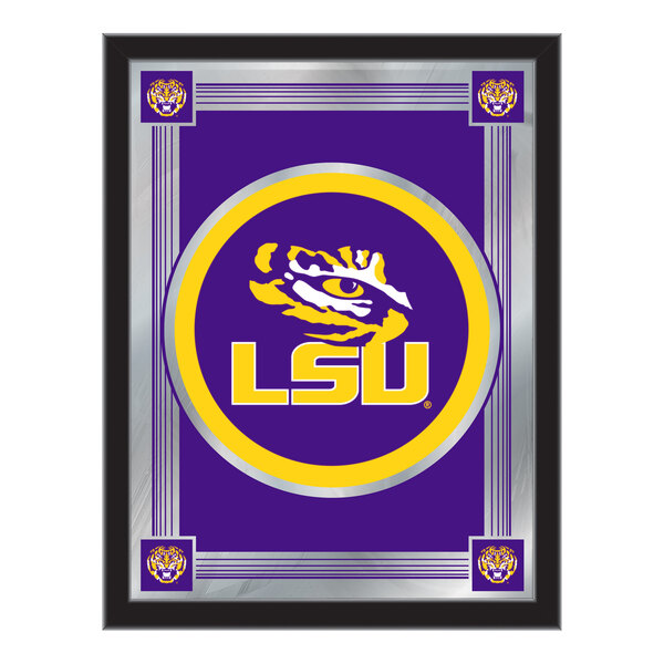 A decorative mirror featuring the Louisiana State University (LSU) logo with a tiger eye design and purple and gold accents.