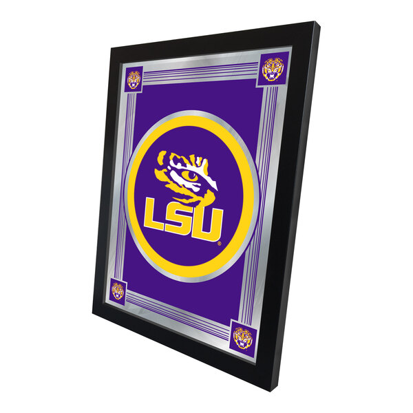 A framed decorative mirror featuring the Louisiana State University logo and colors.