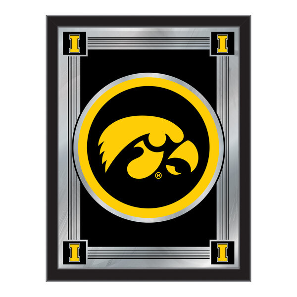 A rectangular decorative mirror featuring the University of Iowa logo and colors.