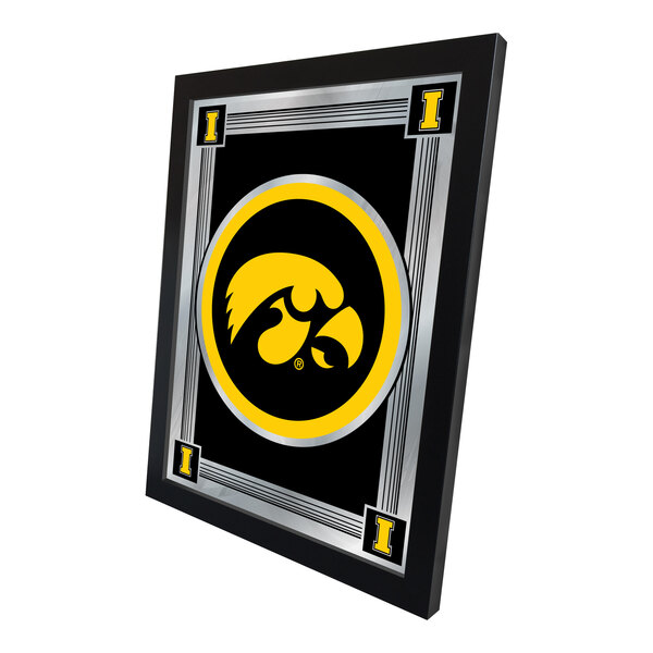 A decorative mirror featuring the University of Iowa logo and colors in a black frame.
