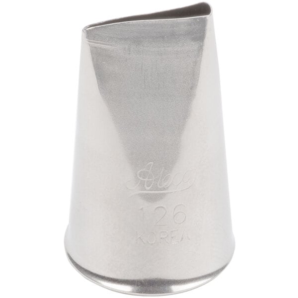 An Ateco stainless steel rose leaf piping tip with writing on the handle.