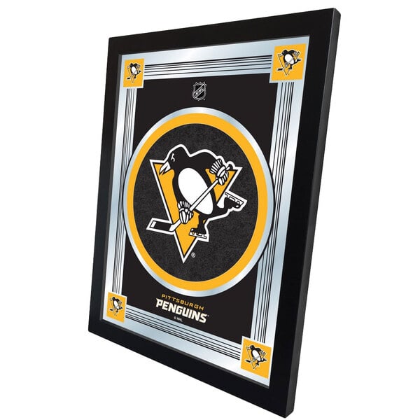 A black and gold framed mirror with the Pittsburgh Penguins team logo.