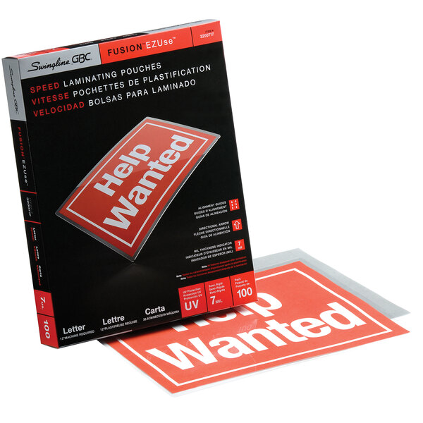 A black Swingline GBC box of 100 EZUse laminating pouches with red and white text.