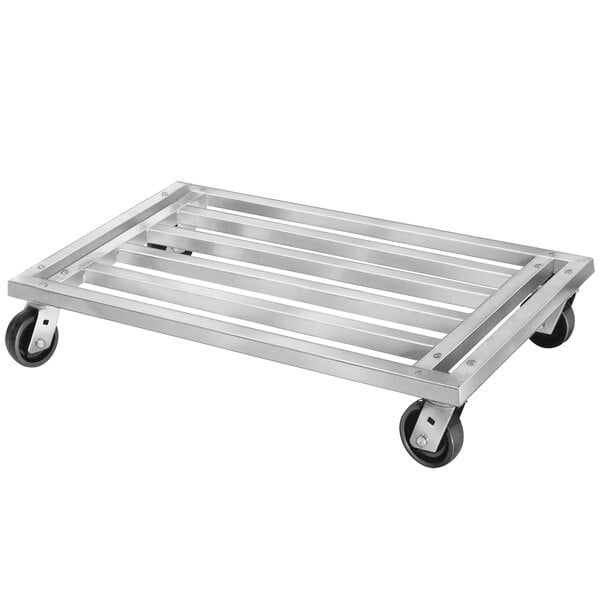 A Channel MD2448 aluminum dunnage rack with black wheels.