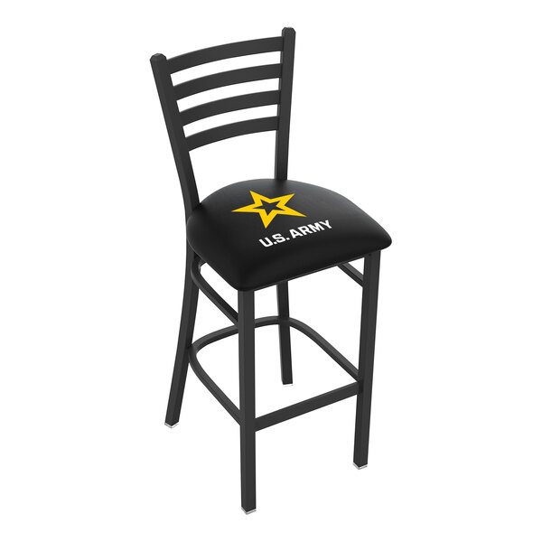 A black steel bar height chair with a ladder back and padded seat with a United States Army star on it.