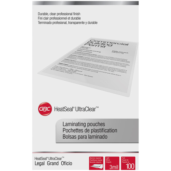 A white package of Swingline UltraClear legal laminating pouches with black text.