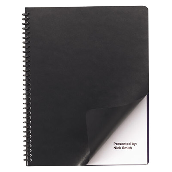 A black rectangular Swingline Leather-Look Binding System cover with a white border.