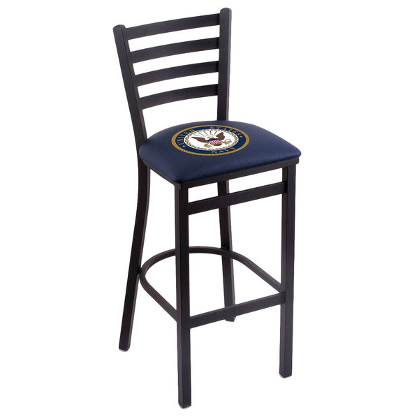 A black steel bar chair with a navy blue cushion and United States Navy logo.