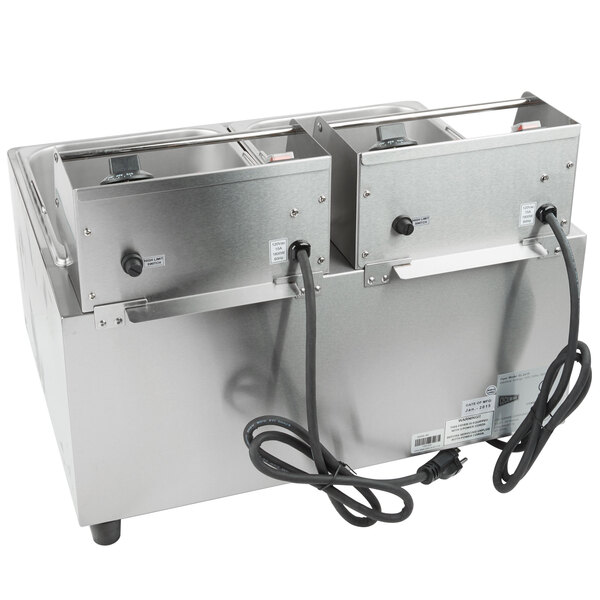 A Cecilware stainless steel electric countertop fryer with two compartments and wires.