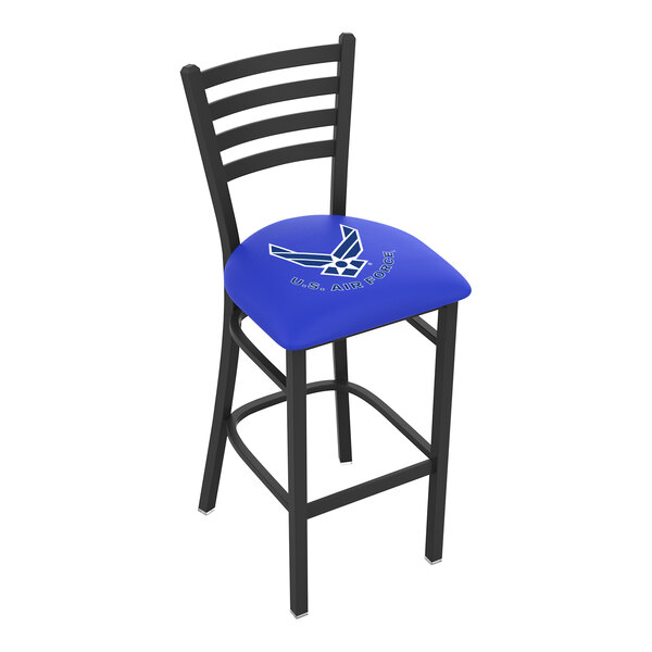 A black bar chair with a blue padded seat and United States Air Force logo on the back.