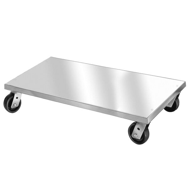 A Channel mobile aluminum dunnage rack with black wheels.