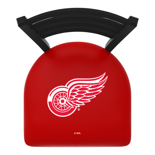 A red bar height chair with a black ladder back and a padded seat featuring the Detroit Red Wings logo.