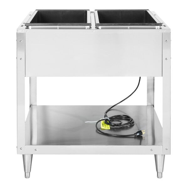A stainless steel electric two-pan hot food table with a lower shelf and power cord.