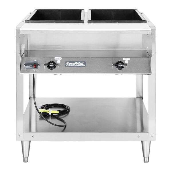 A stainless steel electric two pan hot food table with sealed wells and a lower storage shelf.