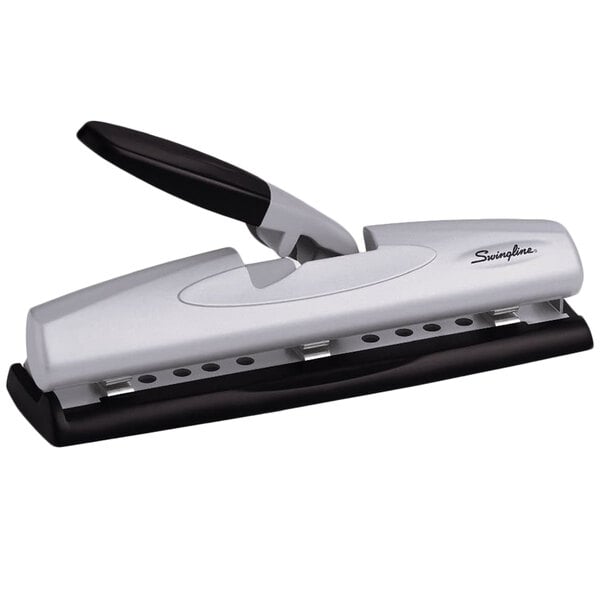 A black and silver Swingline hole punch with black accents.