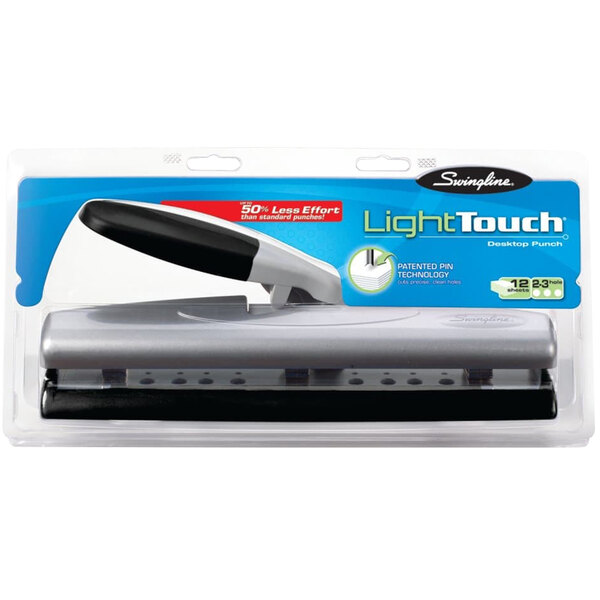 A black and silver Swingline LightTouch hole punch with plastic accents.