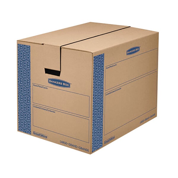 A brown rectangular cardboard box with blue writing on it.